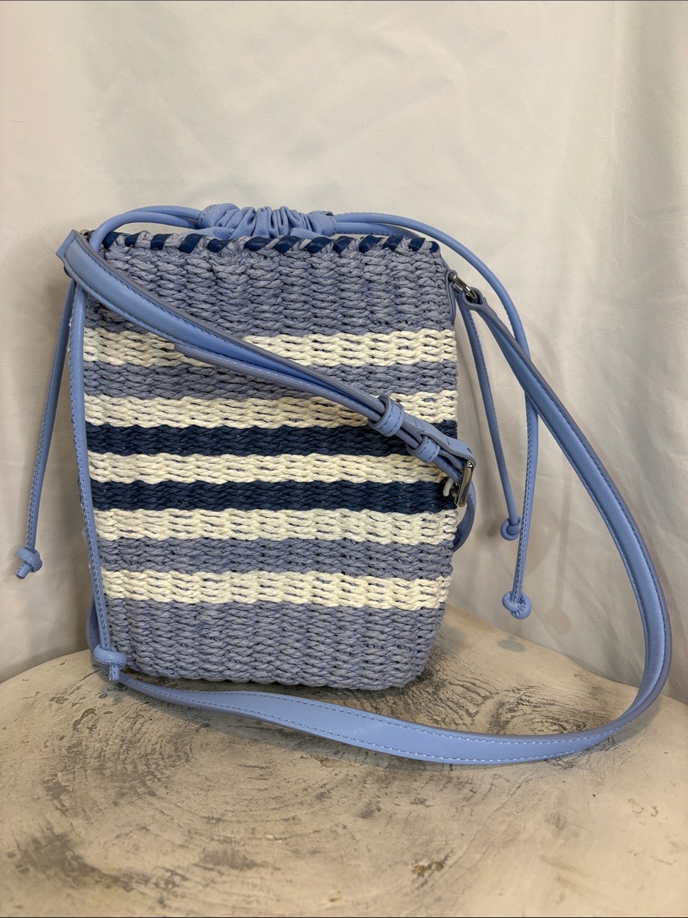 Talbots Blue White Stripe Paper Straw Woven Crossbody Cinch Pull Bucket Bag